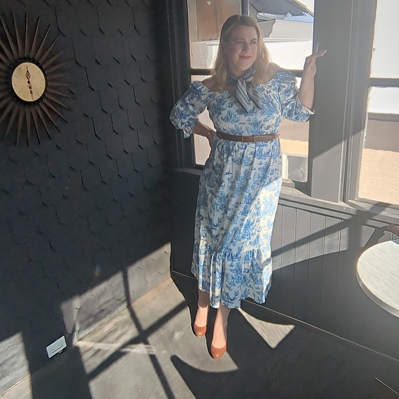 Off-Shoulder Blue & White Toile Maxi Dress - Picture 7 of 7